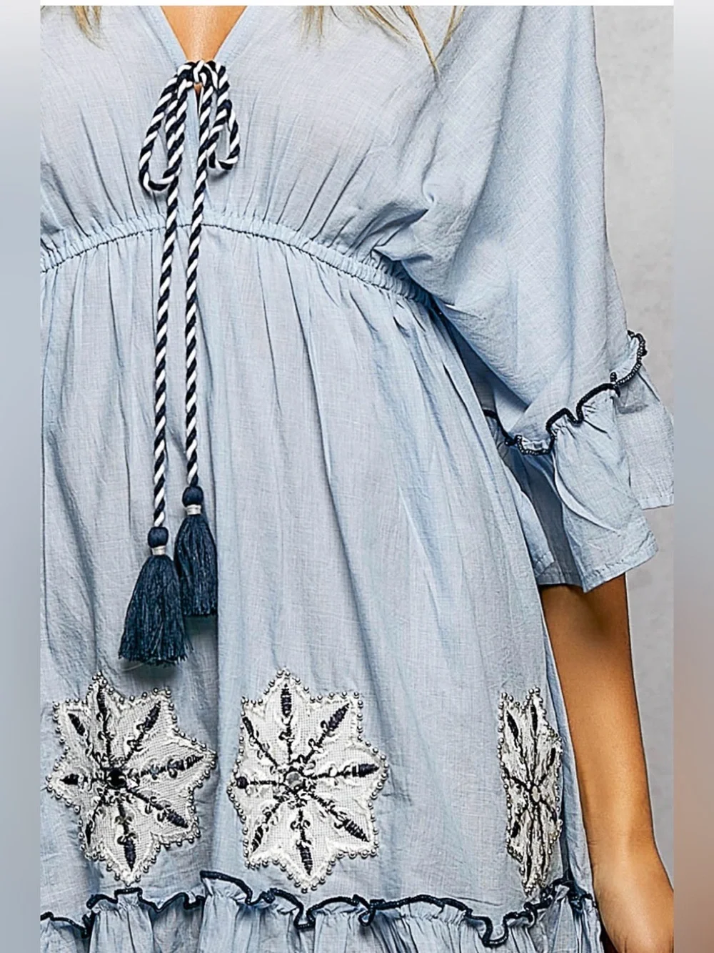 POL Boho Embroidered Star Mini Dress with Tassel Tie – Light Denim Blue Large - Picture 6 of 7